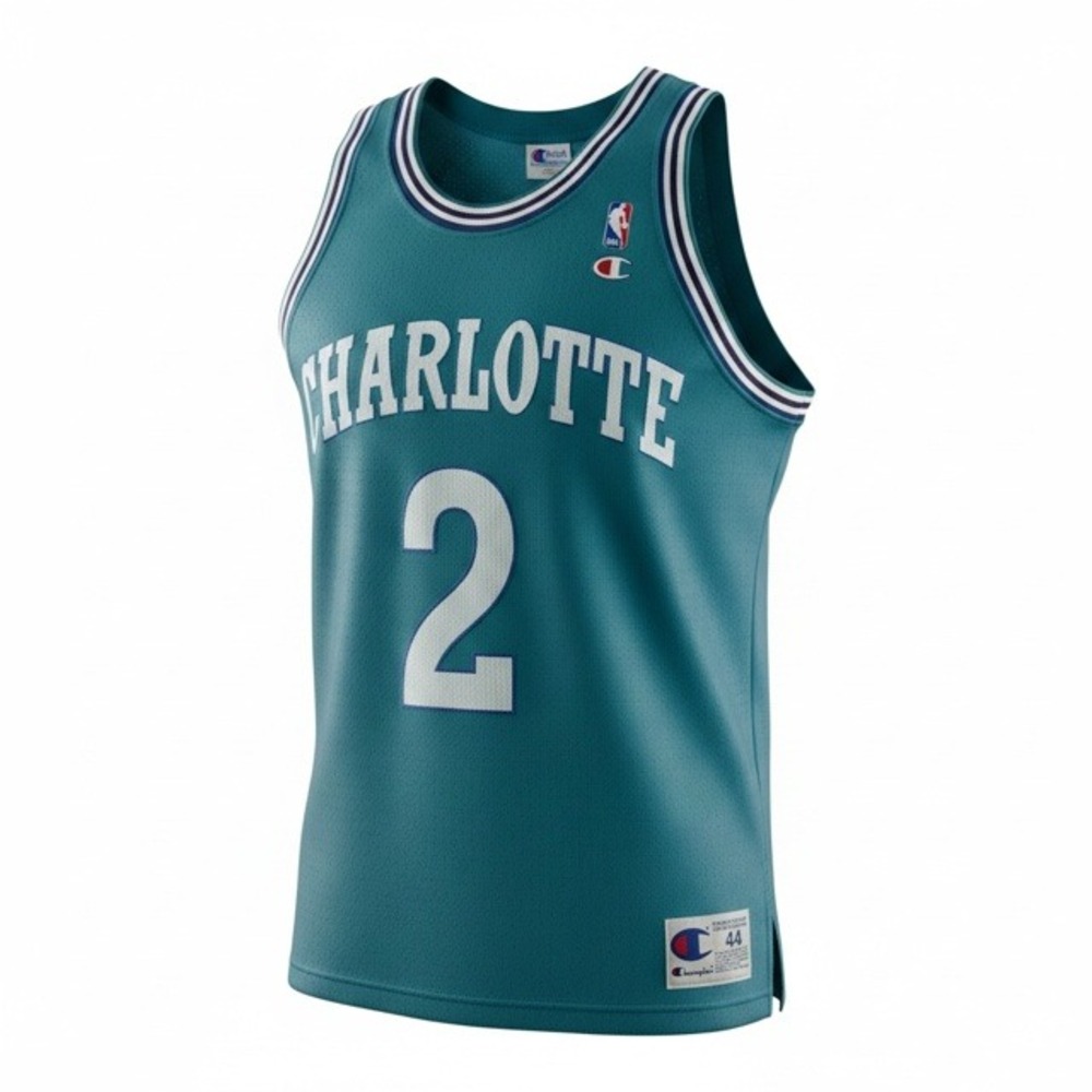 Vintage Champion Charlotte Hornets Larry Johnson 2 Teal NBA Jersey Mens 44 L